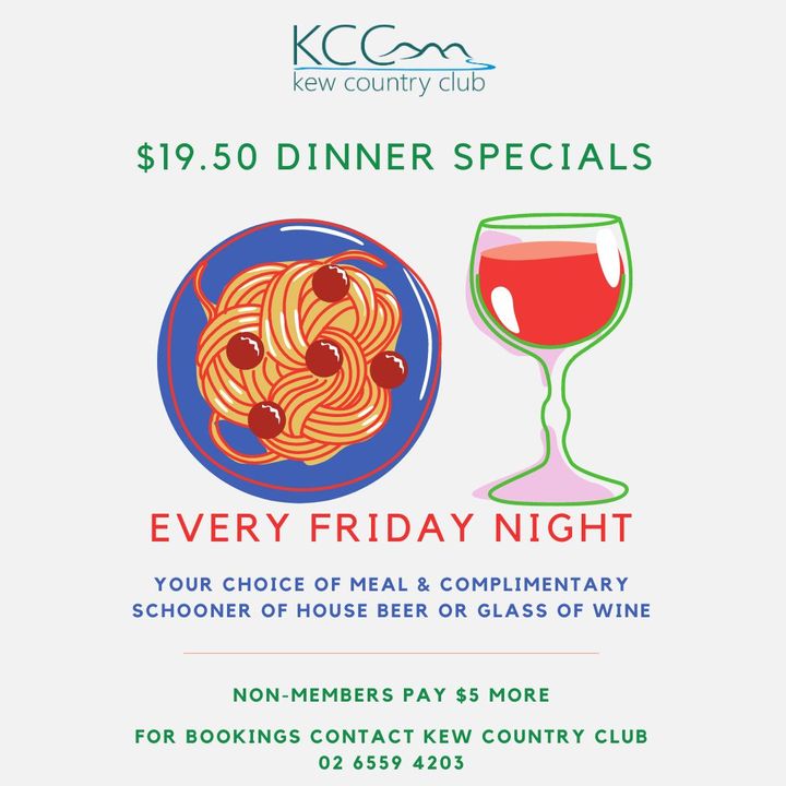 Featured image for “Join us at Kew Country Club on Fridays for delicious members’ $19.50 Dinner Specials 🍽️ AND our Massive Meat Raffle 🥩 from 5:30pm! 🎉”