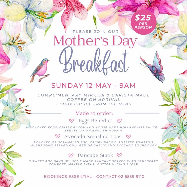 Featured image for “Come celebrate Mother’s Day with us at our annual breakfast event! Upon arrival, savor a complimentary coffee  and mimosa  (for those 18 and older), then indulge in your pick from three delightful options.”