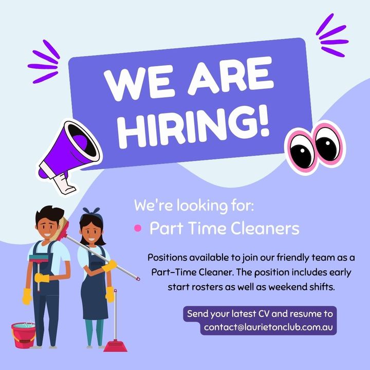 Featured image for “Are you an early bird? We are after a Part Time Cleaner to join our team at Laurieton United Services Club! The position includes early morning hours & weekend work!   Contact 02 6559 9110 for further information or forward your resume to contact@laurietonclub.com.au”
