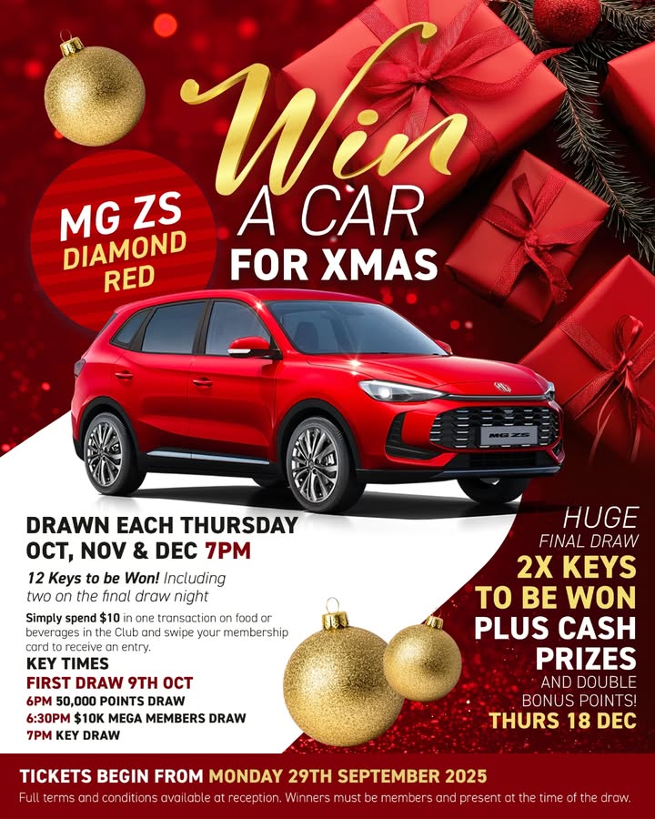Featured image for “Win a Car for Christmas at Laurieton Services Club: MG ZS Giveaway and Mega Cash Prizes”